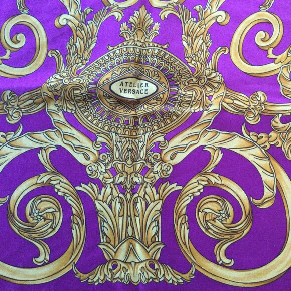 100% Silk Large Atelier Versace Silk Scarf - purple/gold - Picture 2 of 11